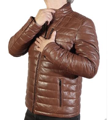 SL11318 - Mens Tan Quilted Puffa Style Leather Jacket